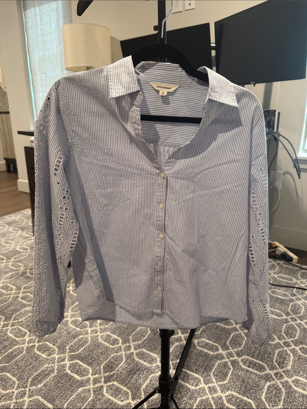 Lucky Brand Light Blue White Pinstripe Button-Down with Lace Sleeve Detail